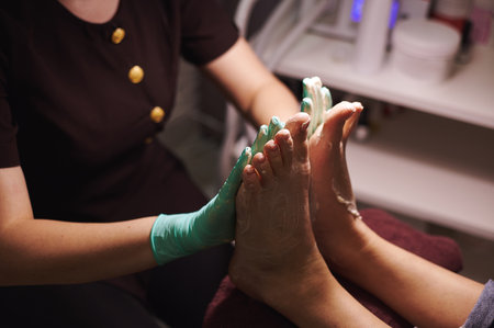 Pedicurist applying nourishing moisturizer cream on woman's legs. Closeupの写真素材