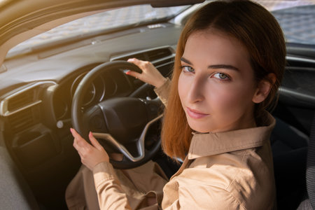Portrait of a young woman sitting on a driver's seat and loking over her shoulderの写真素材