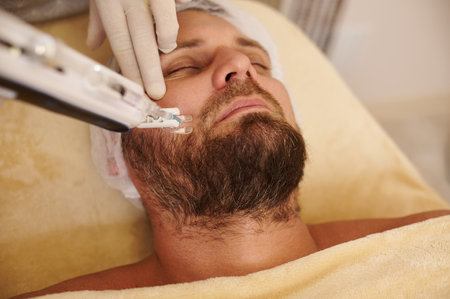 Man receiving high frequency mesotherapy at beauty salon. Procedure for skin rejuvenation concept