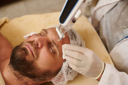 Beautician holding mesotherapy gun and bearded man at beauty salon receiving rejuvenation skin therapyの写真素材