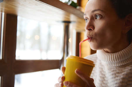 Face portrait of a young woman drinking tasty drink and looking out the window at a snow covered...