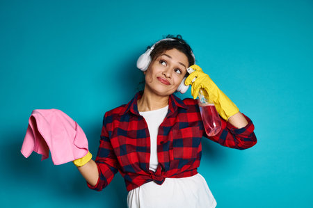 An attractive housewife, standing against a blue background with detergents and cleaning...