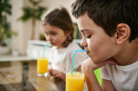 Little boy drinking orange juice, sitting at the table next to his adorable sister blurred on the backgroundの写真素材
