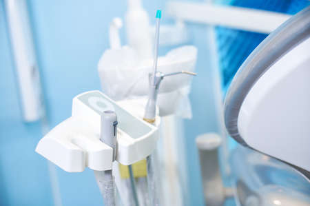Close-up of dentist equipment in modern dental clinic. Interior of dentist office