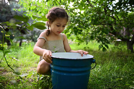 Cute baby girl sitting in the garden and peeking into a metal bucket. Gardeningの写真素材