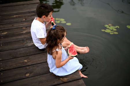 Top view of two kids sitting on the pier, lowering their feet in the pond with water lilies, relaxing in nature, in the fresh air, eating fresh ripe watermelonの写真素材
