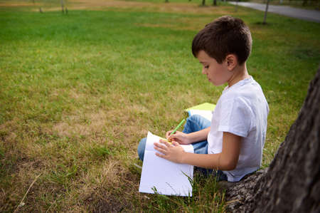 Intelligent schoolboy holding pen , doing homework, writing on copy book, solving mathematics tasks, sitting on green grass of park .Back to school, knowledge, science, education, learning concepts.の写真素材