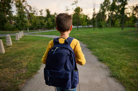 View from the back of a schoolboy with schoolbag backpack walking on the path in public park, going home after schoolの写真素材