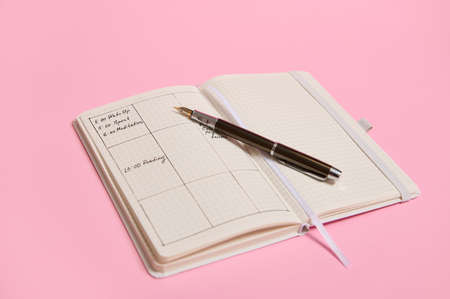 Business book diary, office organizer plans. Pink background, copy space. Planner templates and...