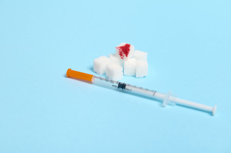 Pure refined white sugar cubes with blood drop and insulin syringe lying on blue background with copy space for World Diabetes Day medical advertisement. World diabetes awareness day, 14 Novemberの写真素材
