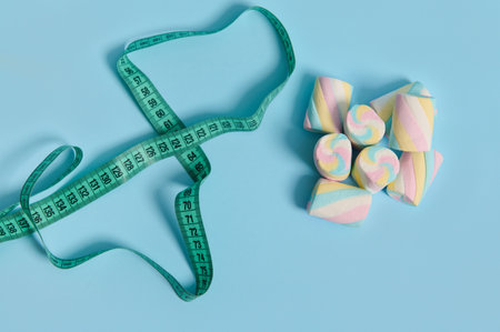 Flat lay of sweet colorful marshmallows and measuring tape on blue background with copy space for medical advertising. Link between overweight and unhealthy eating habits. World diabetes day conceptの写真素材