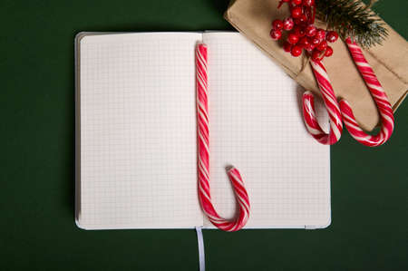 Beautiful simple present in craft wrapping gift paper with holly and candy canes on it, sugary striped lollipop on the middle of the notepad with blank empty pages with copy space for Christmas adの写真素材
