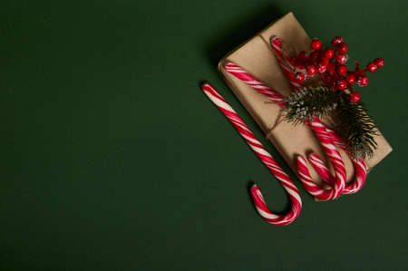 Flat lay of beautiful Christmas present in craft wrapping paper decorated with holly and sugary striped white red lollipops candy canes laid out in the corner of copy space on dark green backgroundの写真素材