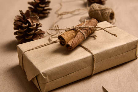Close-up of a beautiful simple present wrapped in craft paper decorated with tied cinnamon on the background of a rope and pine cones lying down on a brown cardboard. Christmas and New Year conceptの写真素材