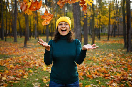 Pretty woman in warm cozy casual outfit throwing colorful fallen autumn maple leaves, smiling toothy smile, rejoicing , enjoying autumn weather in beautiful autumnal forest. Outdoor leisure activityの写真素材