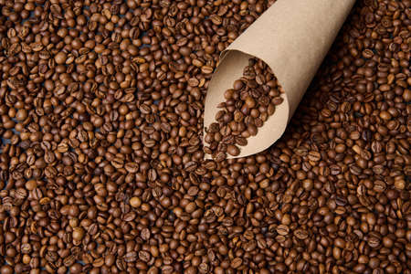 Top view of fresh roasted coffee beans on a brown craft paper scoop against coffee grains background. High angle view. Copy spaceの写真素材