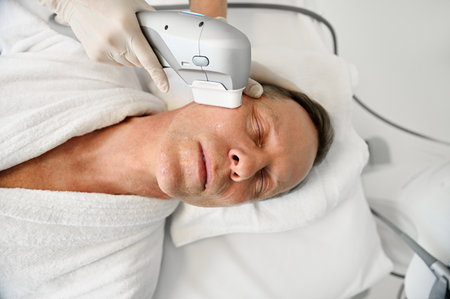 Close-up of aesthetician performing face lifting and rejuvenating anti-aging beauty treatment on face of a relaxed mature European man using modern ultrasonic medical apparatus in wellness spa centreの写真素材