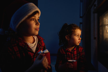 Beautiful Caucasian kids, boy in Santa hat and girl in red and green plaid clothes sitting on the floor and looking through the oven at the traditional German Stollen bread baked on a baking trayの写真素材