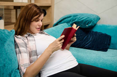 Beautiful redhead Caucasian woman in anticipation of a baby sitting on the couch at home, enjoying reading a book while resting on maternity leave. Happy and carefree pregnancy conceptの写真素材