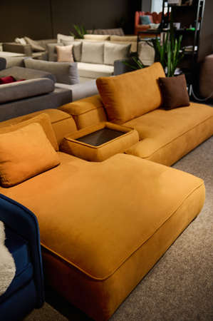 Showroom of modern luxury furniture store. Sofas exhibited in the furniture store. Selling