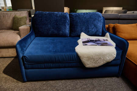 Exhibition of sofas and settees with different quality and texture of fabrics in the furniture store showroom. Focus on a blue small comfy couch, on display for saleの写真素材