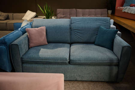 Furniture store with sofas and couches on display for sale, copy space. Furniture store showroom...