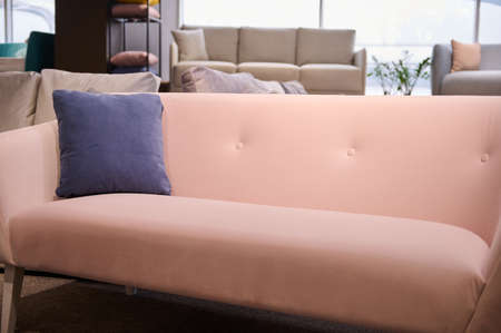 Close-up of a modern stylish pink sofa with a purple cushion in a furniture showroom, on display for saleの写真素材