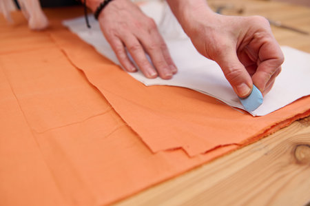 Detail of hands of tailor, fashion designer, sewer, dressmaker using soap while draw sewing pattern on an orange colored fabric in a fashion atelier. Tailoring, handmade clothes concept.の写真素材