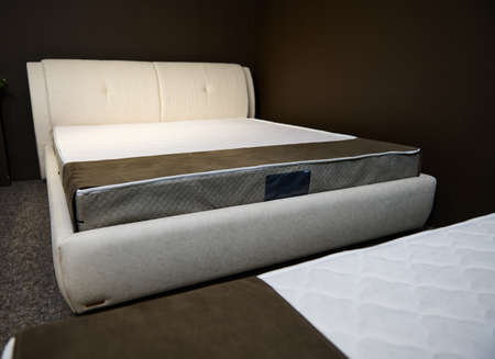 Comfortable modern stylish velour double beds with orthopedic hard mattresses, displayed in the showroom of a furniture design storeの写真素材