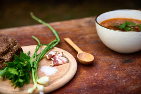 Sliced bacon, green onions, parsley and whole grain rye bread on a wooden cutting board next to a bowl of freshly cooked Ukrainian traditional dish - borscht - red beet soup. Slavic cuisine, cookery.の写真素材