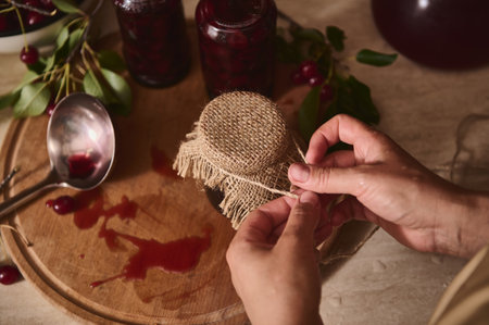 Top view of the hands of a pastry chef tying a rope on the burlap of the lid of a jar of freshly made cherry jam. A dirty ladle in the remnants of jam lies on a wooden board on the kitchen worktopの写真素材