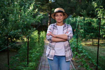 Charming woman farmer, in a plaid shirt and straw hat, poses with crossed arms, in an organic farm and confidently looking at camera. Farming, gardening, cultivation of eco-friendly organic vegetablesの写真素材