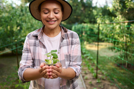 Smiling pleasant Caucasian woman, farmer, gardener agronomist holds cucumber seedling in her hands, before planting it into a fertilized open ground. Eco farming, gardening, horticulture conceptの写真素材