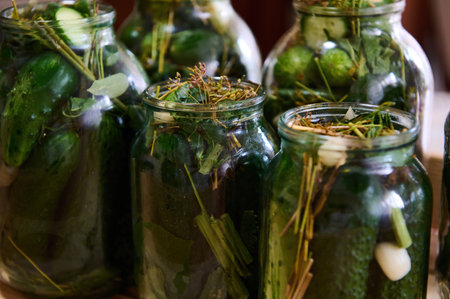 Marinated cucumbers in jars, preserved for the winter. Homemade preserves, fermented foods, pickles,...