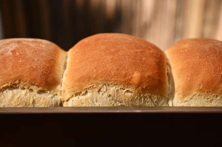 Food composition. Cropped view of a freshly baked hot whole grain bread,on a wooden background with...