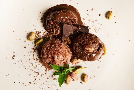 Top view. Food still life composition of dairy free, raw vegan cocoa ice cream sorbet balls, decorated with sprinkled pistachio, lemon basil leaves and dark chocolate, over white backgroundの写真素材
