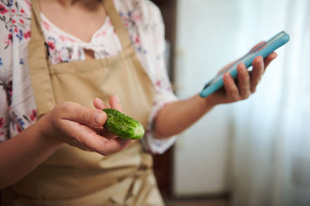 Selective focus. Fresh organic cucumber in the hand of a housewife, in a beige chefs apron using mobile phone, looks through pickling recipe in the internet web sitesの写真素材