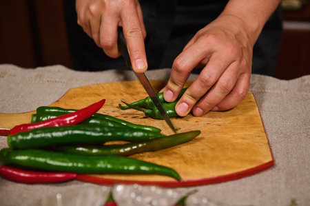 Details: Hands of chef or housewife using kitchen knife cutting red and green chili pepper on a...