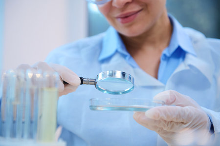 Selective focus on a loupe with magnifying glass in the hand of a woman scientist, medical...