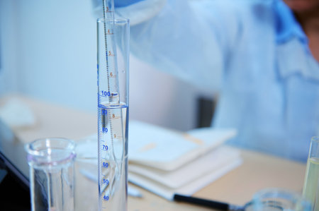 Selective focus on a glass pipette in a graduated cylinder over blurred scientist pharmacologist,...