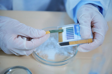 Close-up. Details: hands of a laboratory assistant in protective medical gloves, conducting a PH...