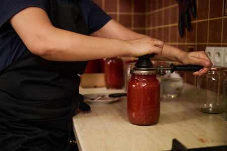 Close-up. Selective focus on a chefs hands using seamer or special seaming key, close lids of jars with freshly canned tomato sauce, juice or passata. Canning homegrown organic tomatoes for winterの写真素材