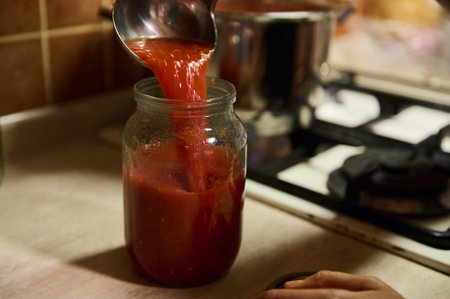 Close-up. Chef using a kitchen spoon, pours boiling juice of organic tomatoes into a sterilized...