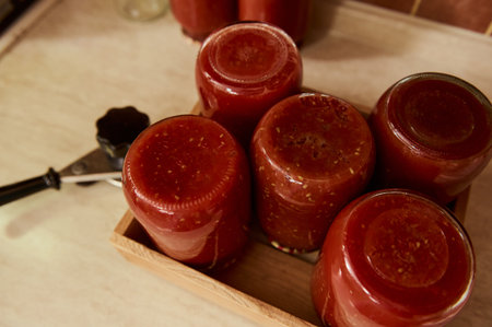 Still life. Sterilized tins of tomato sauce or juice upside down on wooden crate next to a seaming key on kitchen countertop. Cooking passata according to a traditional recipe. Canning for the winterの写真素材