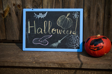 A blackboard with lettering Halloween and small pumpkin on the wooden doorstep. Halloween trick and treatの写真素材