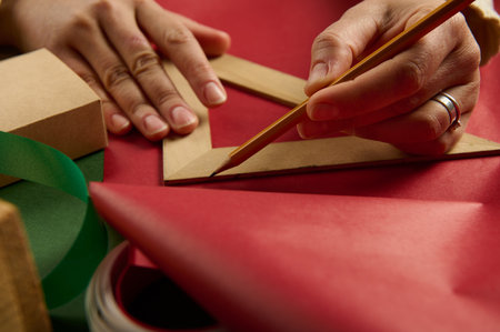 Close-up womans hands using a wooden triangular ruler to draw on red gift paper, calculating the amount of packaging materials needed to wrap gifts for Christmas, New Year or any other holiday eventの写真素材