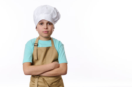 Confident portrait of a handsome teenage boy, dressed as a cook or baker confectioner in chefs hat and beige apron, isolated on white background with free space for your advertising text.の写真素材