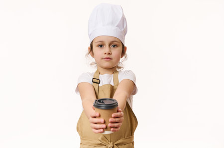 Isolated portrait on white background of cute baby girl wearing a white chefs hat and beige apron, holding, selling a hot drink in a paper cup to go, looking at camera, isolated over white backgroundの写真素材