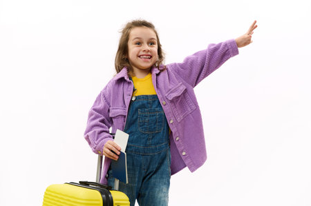 Caucasian happy child girl in violet shirt and blue denim overalls, with boarding pass and yellow suitcase, smiling, waving hello, isolated on white background. Copy spaceの写真素材