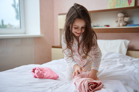 Adorable Caucasian 5 years old child, lovely little girl in white pajama with colorful dots, sitting on the bed in her bedroom and cutely smiling while folding her clothes, in morning after wake upの写真素材